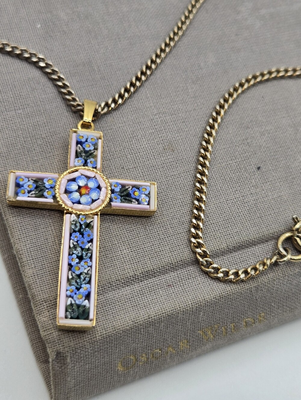 Gold Tone Italian Micro Mosaic Cross Pendant Millefiori Italy Jubileum AD 2000